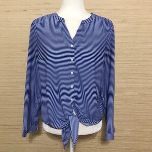 Talbots Blue Striped Button-Up Knotted Lightweight Blouse Small